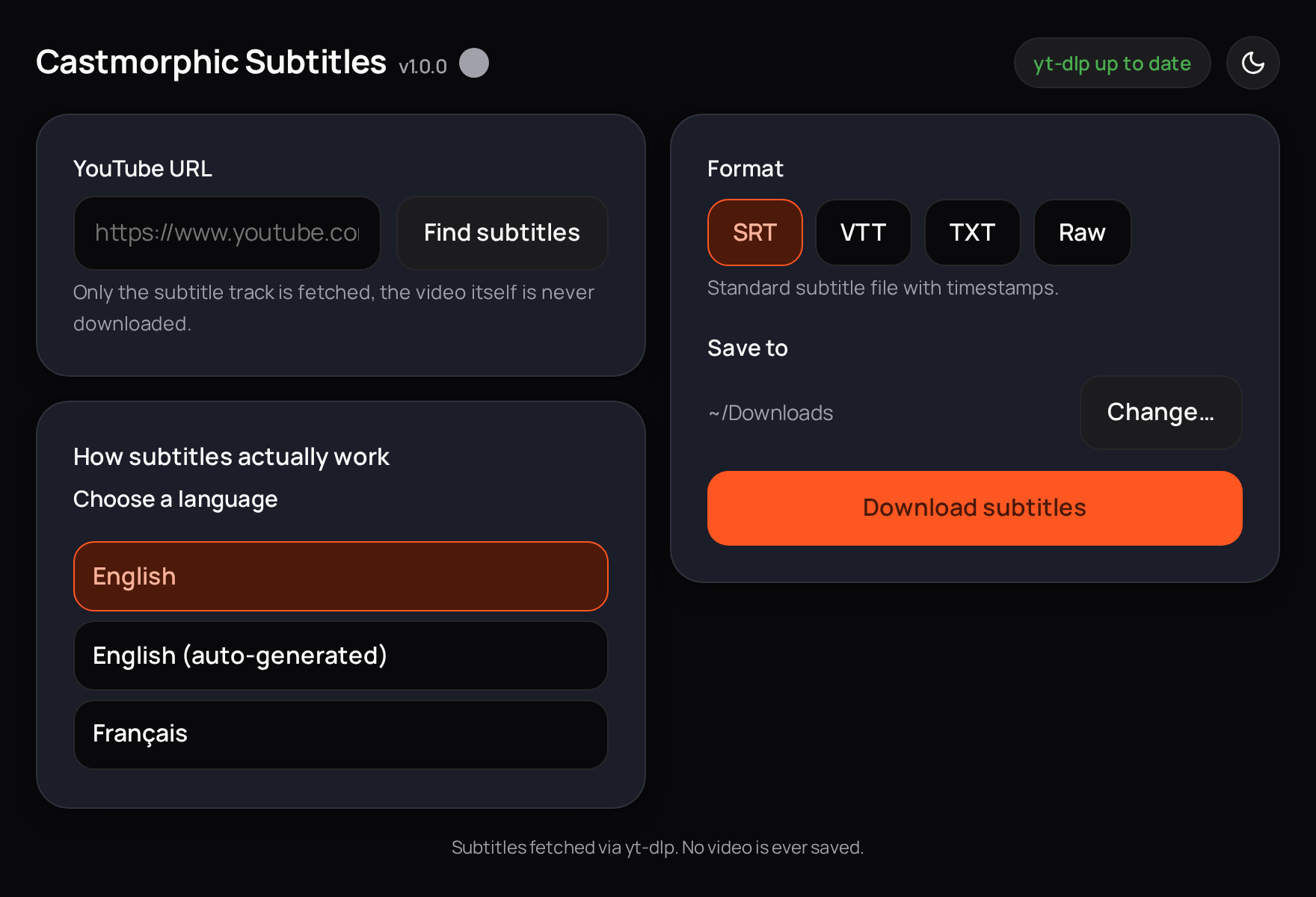 Castmorphic Subtitles showing a fetched video's language list on the left and format picker with an SRT, VTT, TXT, and Raw choice on the right